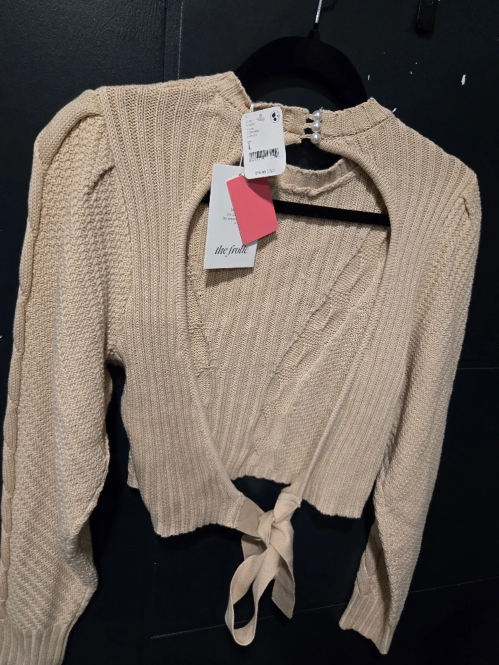 Free people cropped open tie back sweater L NWT Tan